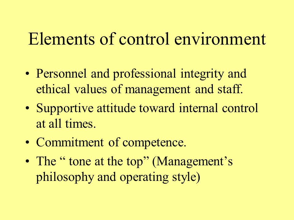 Elements of control environment Personnel and professional integrity and ethical values of management and staff.