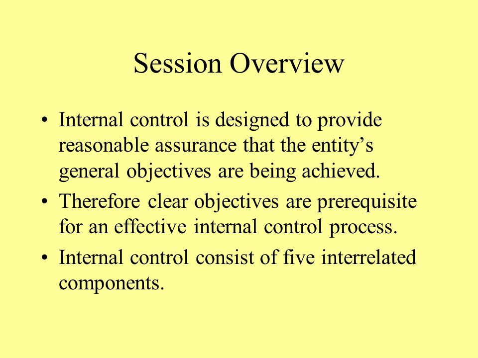 Session Overview Internal control is designed to provide reasonable assurance that the entity’s general objectives are being achieved.