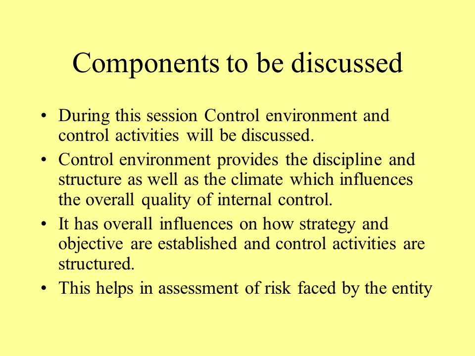 Components to be discussed During this session Control environment and control activities will be discussed.