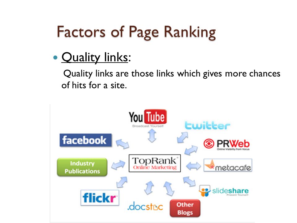Factors of Page Ranking Quality links: Quality links are those links which gives more chances of hits for a site.