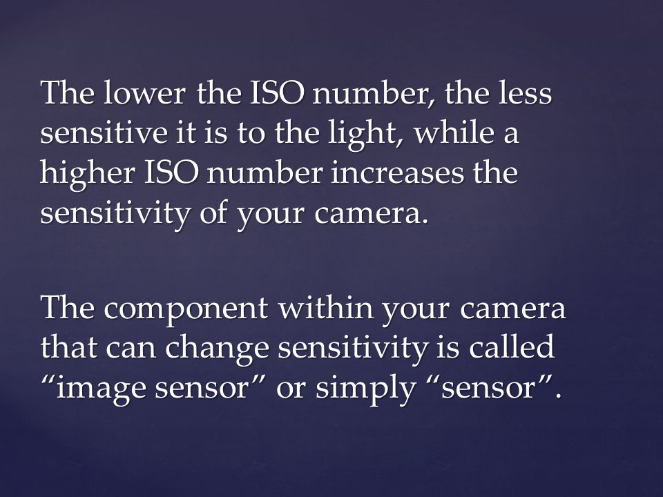 The lower the ISO number, the less sensitive it is to the light, while a higher ISO number increases the sensitivity of your camera.