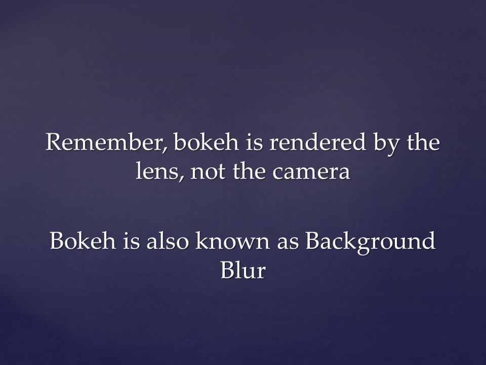 Remember, bokeh is rendered by the lens, not the camera Bokeh is also known as Background Blur