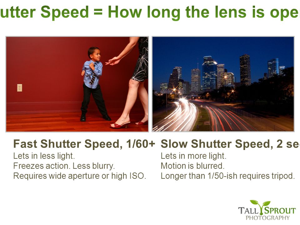 Fast Shutter Speed, 1/60+ Lets in less light. Freezes action.