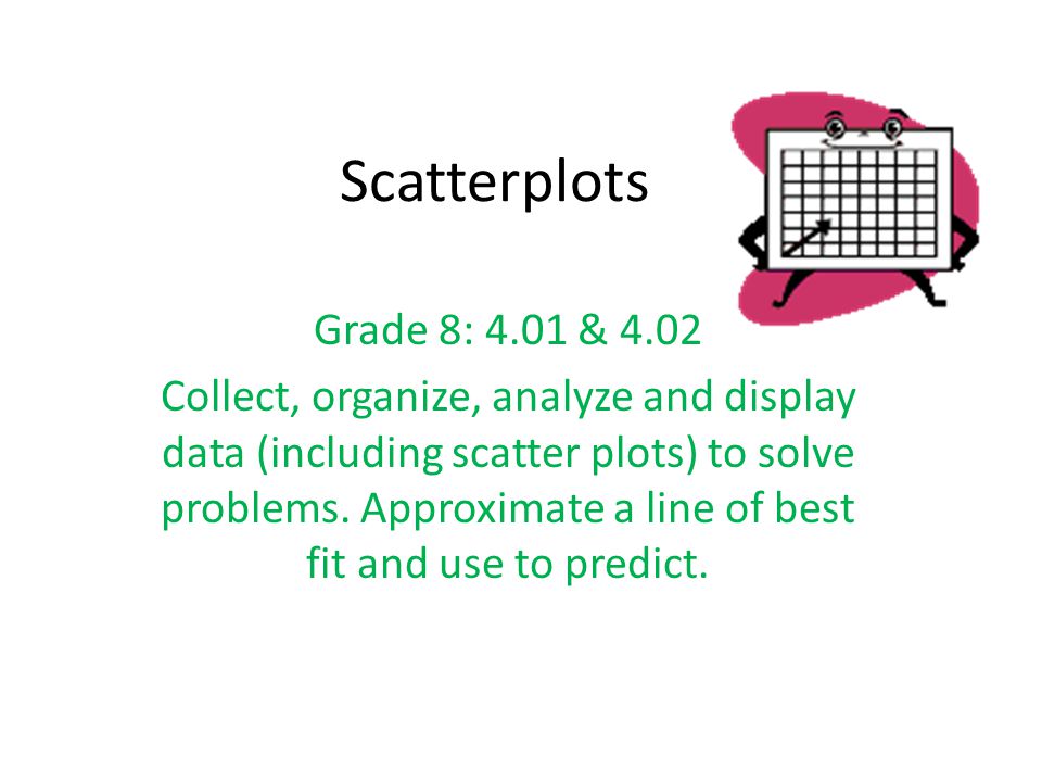 Scatterplots Grade 8: 4.01 & 4.02 Collect, organize, analyze and display data (including scatter plots) to solve problems.