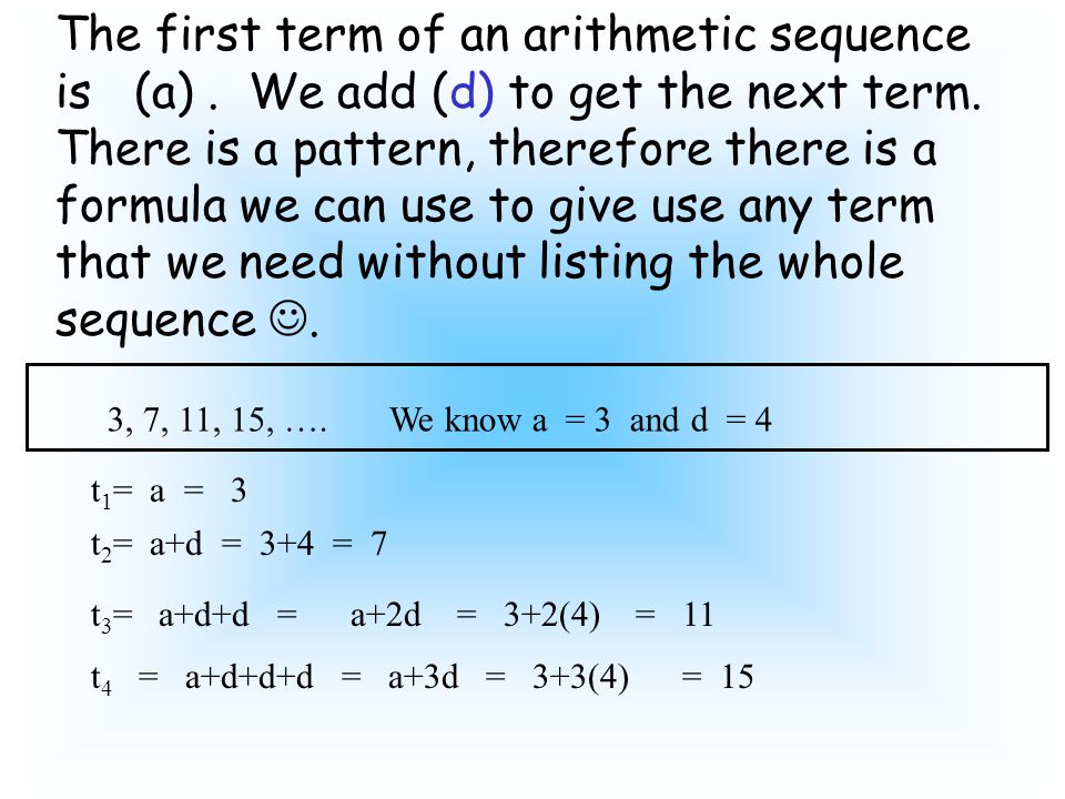 The first term of an arithmetic sequence is (a). We add (d) to get the next term.