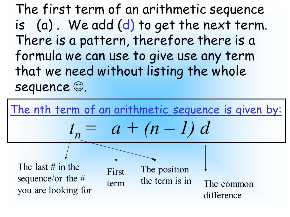 The first term of an arithmetic sequence is (a). We add (d) to get the next term.