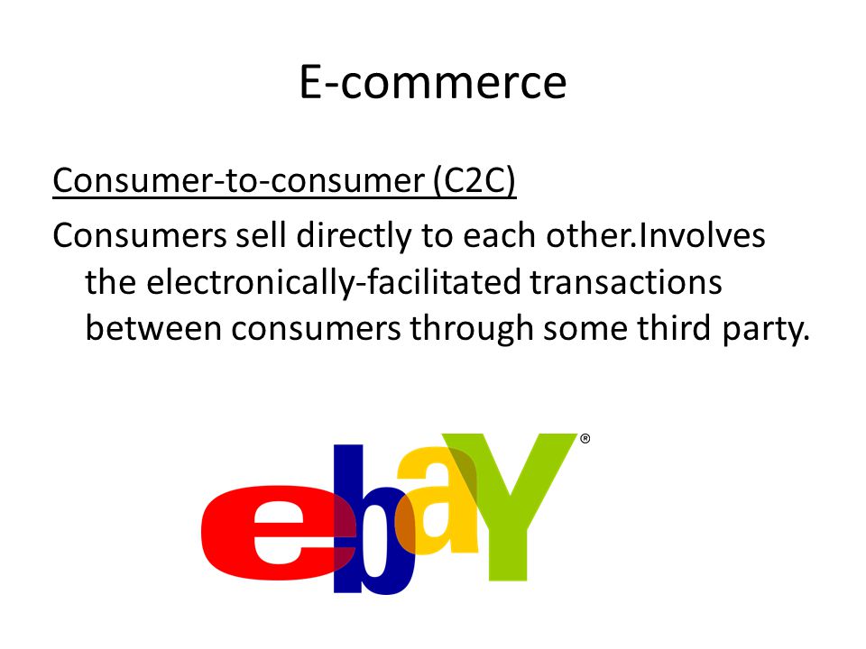 E-commerce Consumer-to-consumer (C2C) Consumers sell directly to each other.Involves the electronically-facilitated transactions between consumers through some third party.