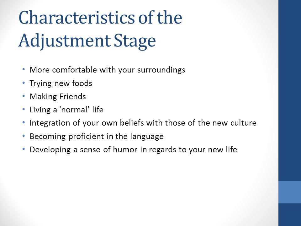 Characteristics of the Adjustment Stage More comfortable with your surroundings Trying new foods Making Friends Living a normal life Integration of your own beliefs with those of the new culture Becoming proficient in the language Developing a sense of humor in regards to your new life