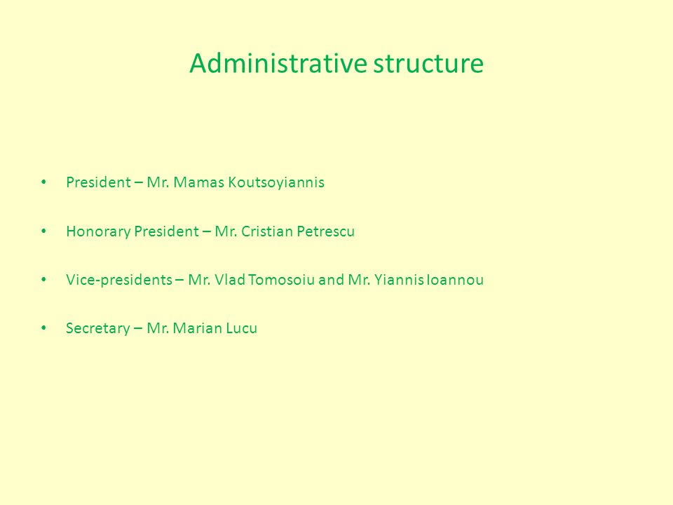 Administrative structure President – Mr. Mamas Koutsoyiannis Honorary President – Mr.