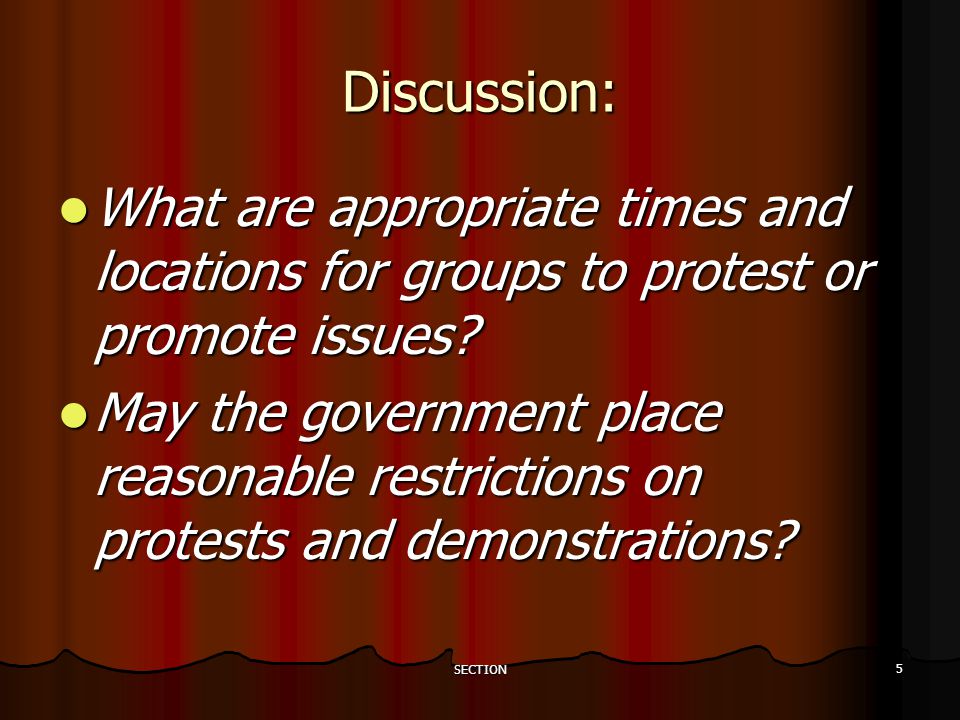 SECTION 5 Discussion: What are appropriate times and locations for groups to protest or promote issues.