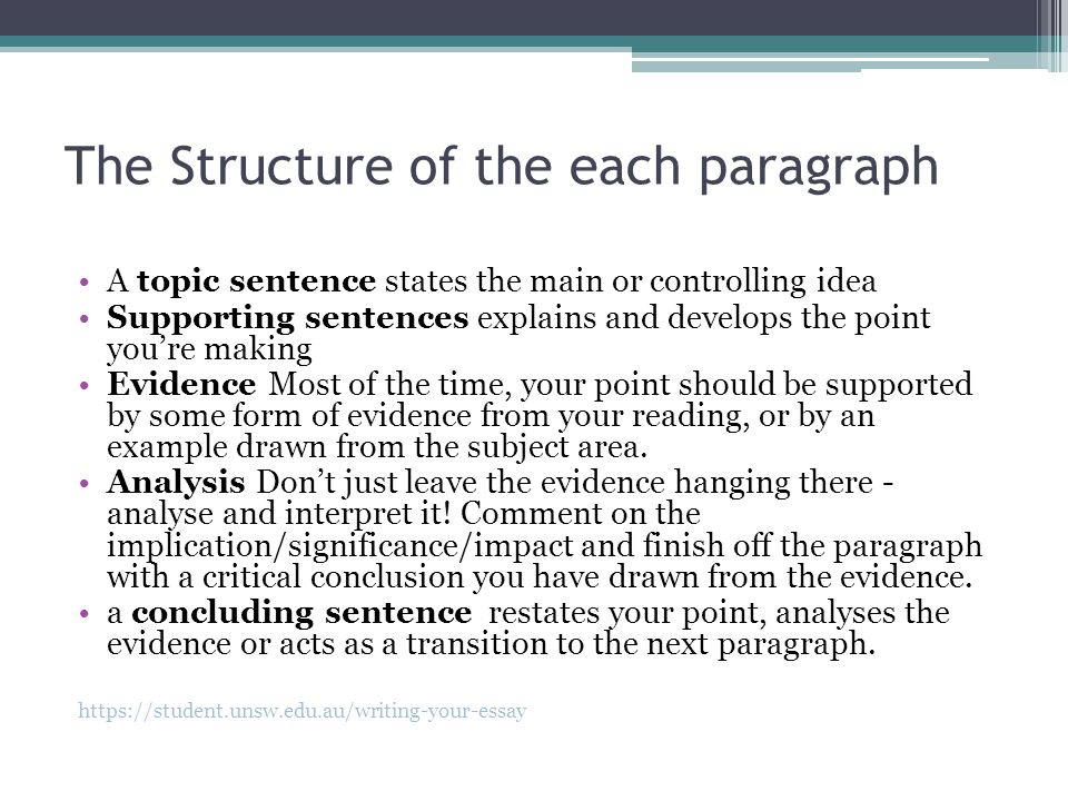 The Structure of the each paragraph A topic sentence states the main or controlling idea Supporting sentences explains and develops the point you’re making Evidence Most of the time, your point should be supported by some form of evidence from your reading, or by an example drawn from the subject area.