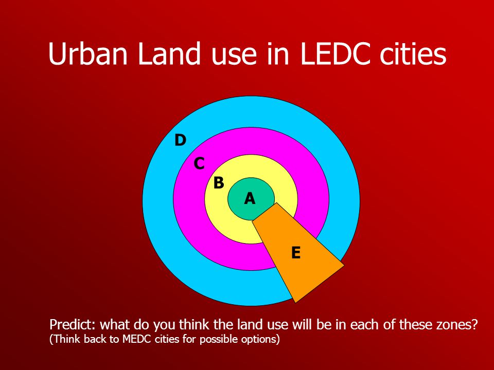 Urban Land use in LEDC cities A E B C D Predict: what do you think the land use will be in each of these zones.