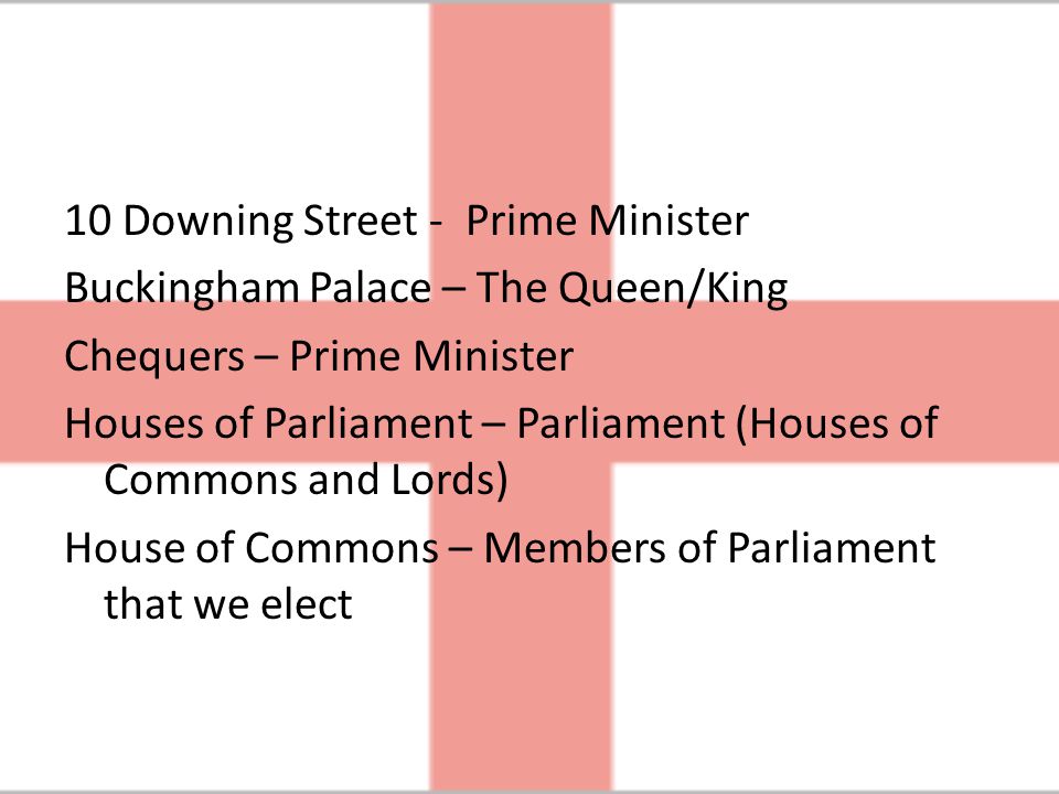 10 Downing Street - Prime Minister Buckingham Palace – The Queen/King Chequers – Prime Minister Houses of Parliament – Parliament (Houses of Commons and Lords) House of Commons – Members of Parliament that we elect