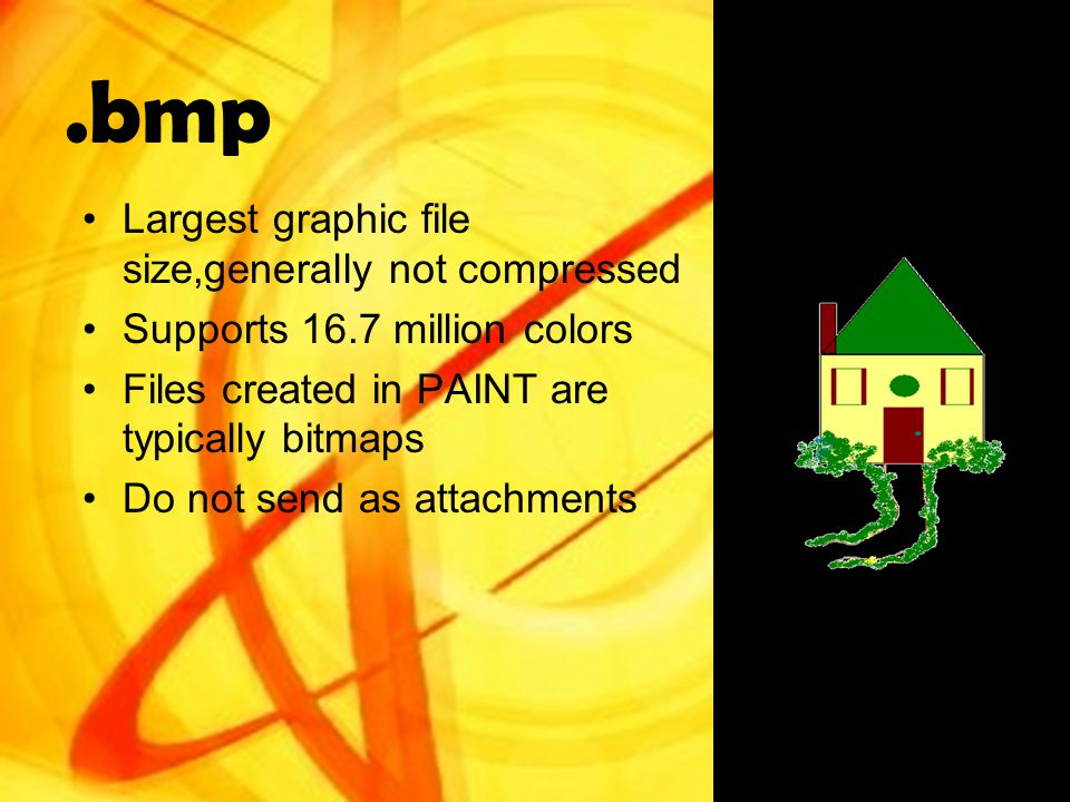 .bmp Largest graphic file size,generally not compressed Supports 16.7 million colors Files created in PAINT are typically bitmaps Do not send as attachments