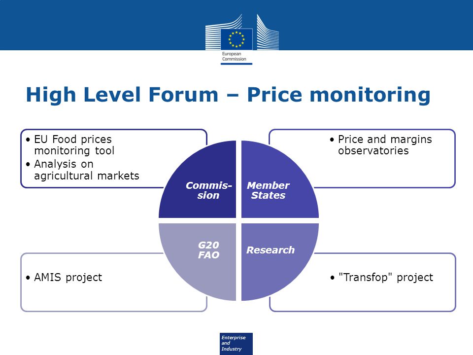 Enterprise and Industry High Level Forum – Price monitoring Transfop projectAMIS project Price and margins observatories EU Food prices monitoring tool Analysis on agricultural markets Commis- sion Member States Research G20 FAO