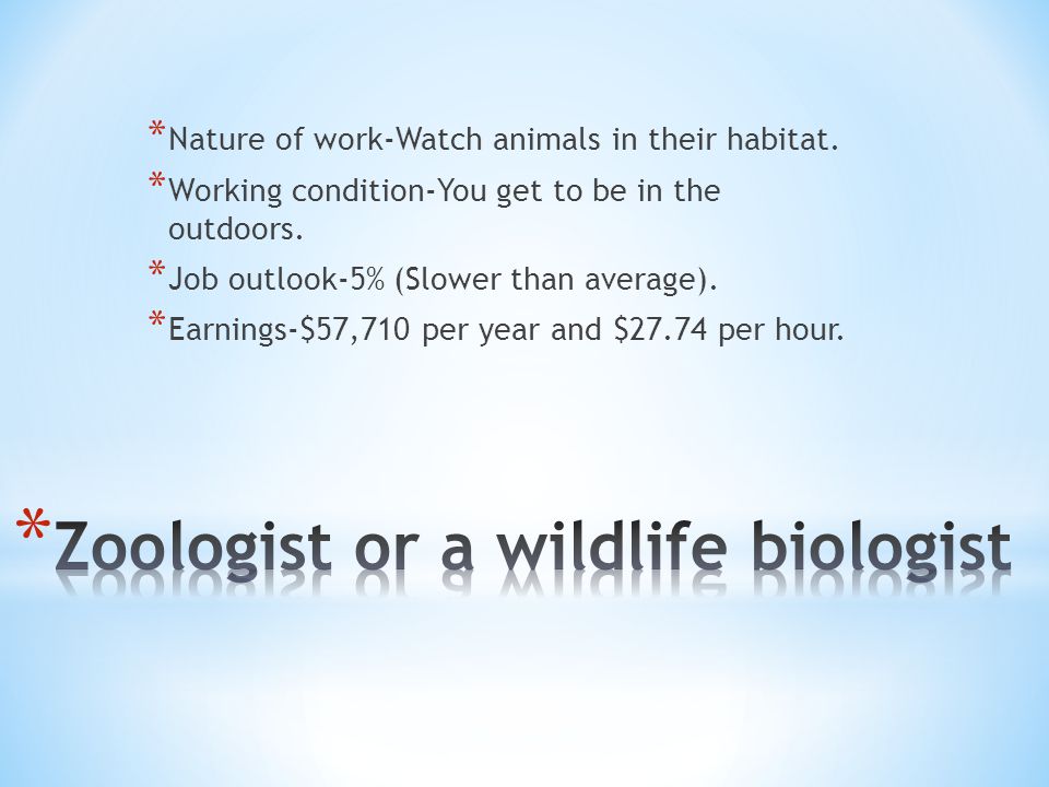 * Nature of work-Watch animals in their habitat. * Working condition-You get to be in the outdoors.