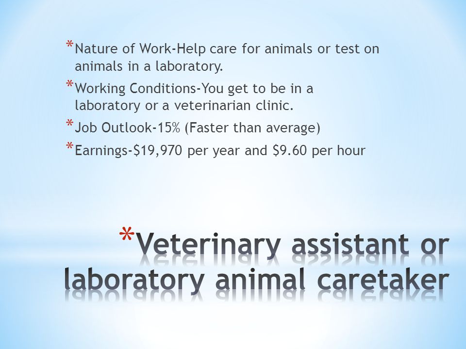 * Nature of Work-Help care for animals or test on animals in a laboratory.