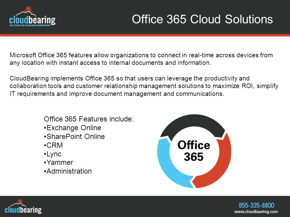Office 365 Cloud Solutions Microsoft Office 365 features allow organizations to connect in real-time across devices from any location with instant access to internal documents and information.