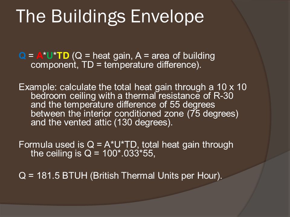 The Buildings Envelope Q = A*U*TD (Q = heat gain, A = area of building component, TD = temperature difference).