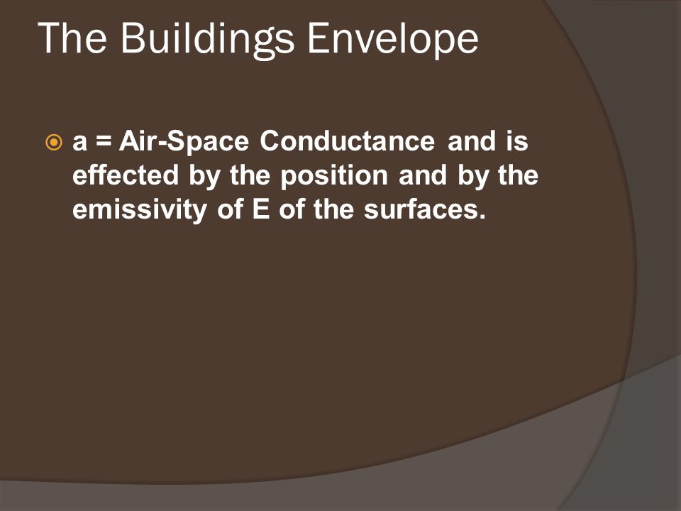 The Buildings Envelope  a = Air-Space Conductance and is effected by the position and by the emissivity of E of the surfaces.