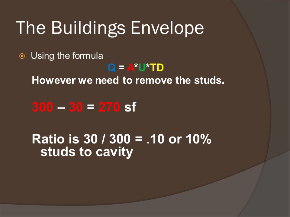 The Buildings Envelope  Using the formula Q = A*U*TD However we need to remove the studs.