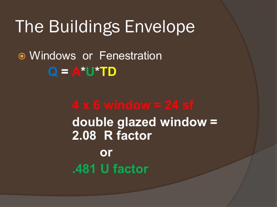 The Buildings Envelope  Windows or Fenestration Q = A*U*TD 4 x 6 window = 24 sf double glazed window = 2.08 R factor or.481 U factor