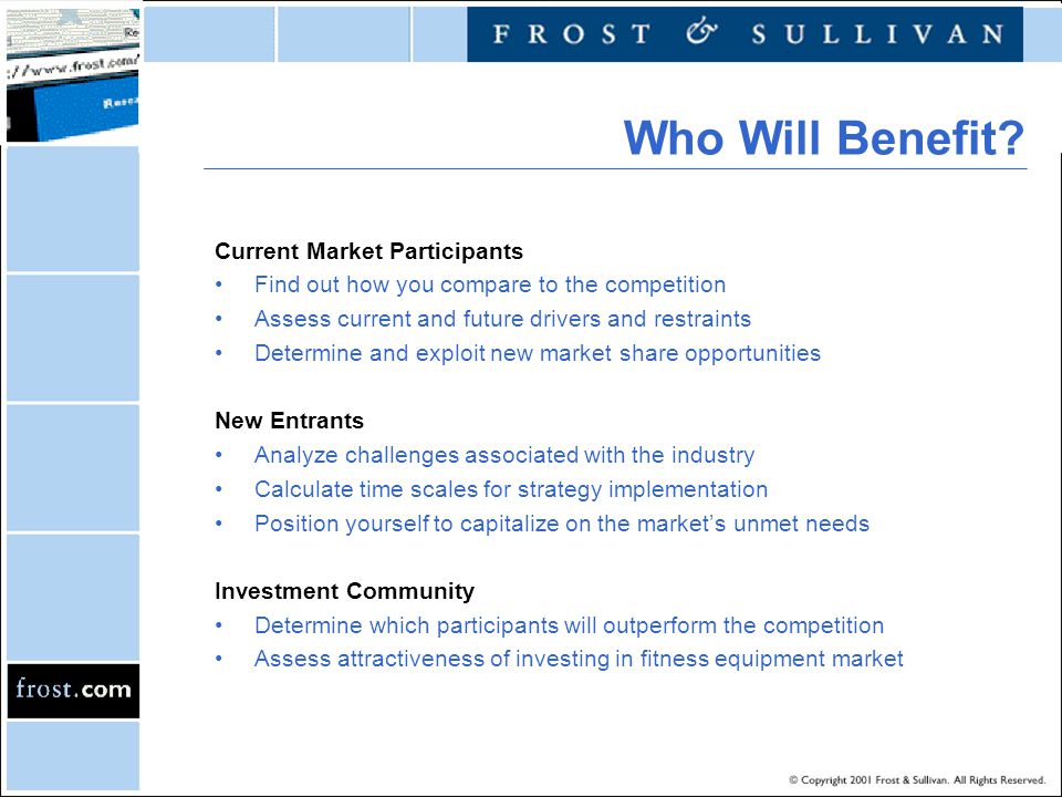 Current Market Participants Find out how you compare to the competition Assess current and future drivers and restraints Determine and exploit new market share opportunities New Entrants Analyze challenges associated with the industry Calculate time scales for strategy implementation Position yourself to capitalize on the market’s unmet needs Investment Community Determine which participants will outperform the competition Assess attractiveness of investing in fitness equipment market Who Will Benefit