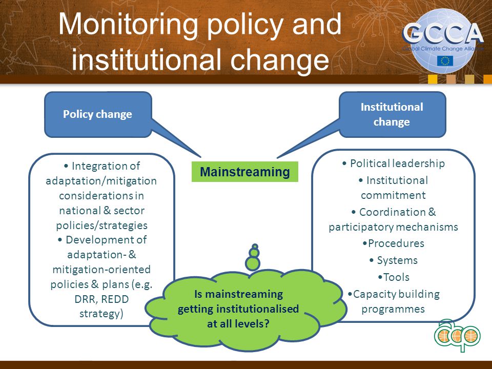 Monitoring policy and institutional change Mainstreaming Policy change Institutional change Integration of adaptation/mitigation considerations in national & sector policies/strategies Development of adaptation- & mitigation-oriented policies & plans (e.g.