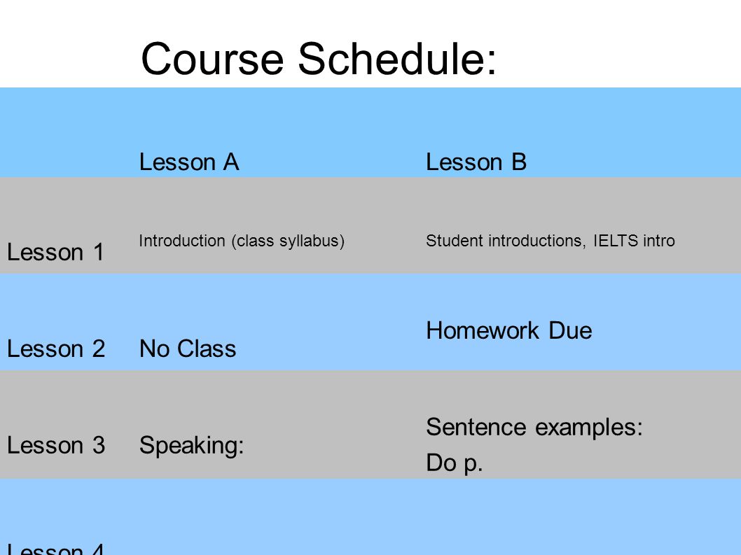 21 Course Schedule: Lesson ALesson B Lesson 1 Introduction (class syllabus)Student introductions, IELTS intro Lesson 2No Class Homework Due Lesson 3Speaking: Sentence examples: Do p.