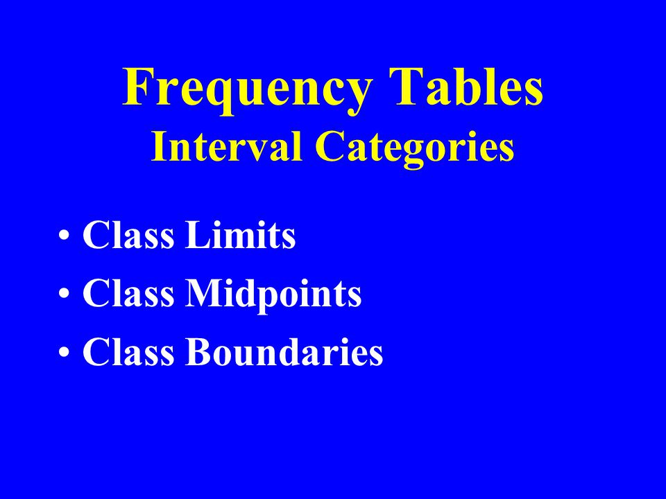Frequency Tables Interval Categories Class Limits Class Midpoints Class Boundaries