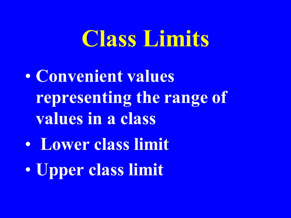 Class Limits Convenient values representing the range of values in a class Lower class limit Upper class limit
