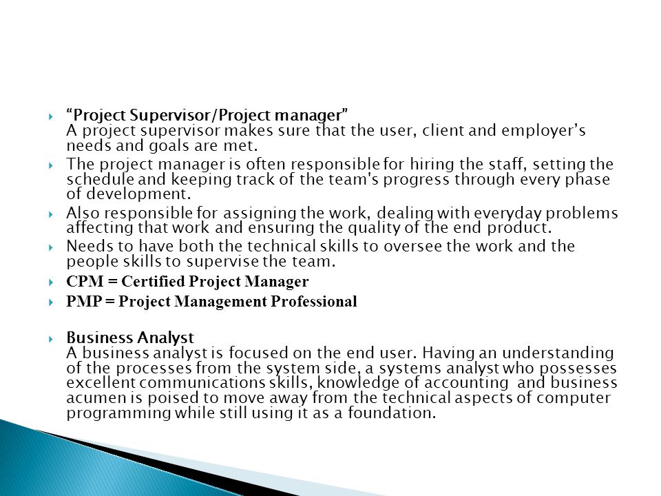  Project Supervisor/Project manager A project supervisor makes sure that the user, client and employer’s needs and goals are met.