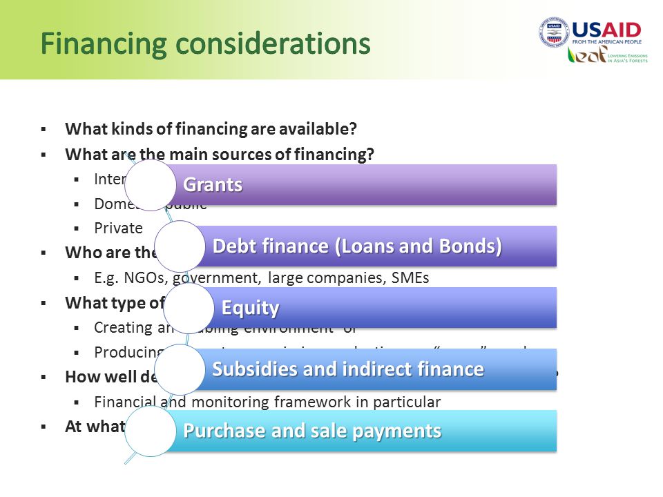  What kinds of financing are available.  What are the main sources of financing.