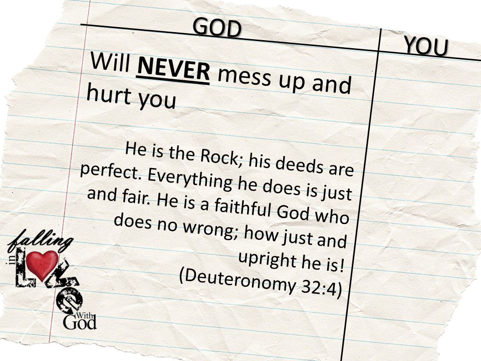 GOD YOU Will NEVER mess up and hurt you He is the Rock; his deeds are perfect.