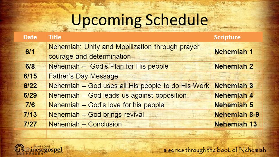 a series through the book of Nehemiah Upcoming Schedule DateTitleScripture 6/1 Nehemiah: Unity and Mobilization through prayer, courage and determination Nehemiah 1 6/8 Nehemiah – God’s Plan for His peopleNehemiah 2 6/15Father’s Day Message 6/22 Nehemiah – God uses all His people to do His WorkNehemiah 3 6/29 Nehemiah – God leads us against oppositionNehemiah 4 7/6 Nehemiah – God’s love for his peopleNehemiah 5 7/13 Nehemiah – God brings revivalNehemiah 8-9 7/27 Nehemiah – ConclusionNehemiah 13
