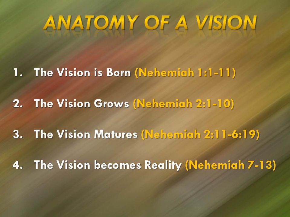 1. The Vision is Born (Nehemiah 1:1-11) 2. The Vision Grows (Nehemiah 2:1-10) 3.