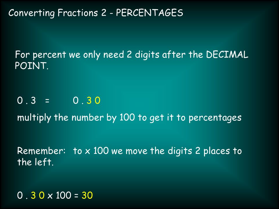 Converting Fractions 2 - PERCENTAGES For percent we only need 2 digits after the DECIMAL POINT.