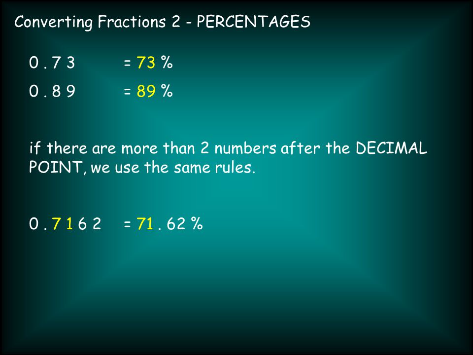 Converting Fractions 2 - PERCENTAGES = 73 % 0.