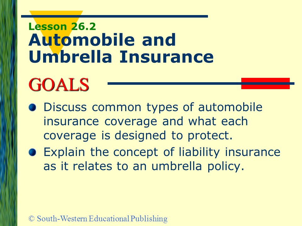GOALS © South-Western Educational Publishing Lesson 26.2 Automobile and Umbrella Insurance Discuss common types of automobile insurance coverage and what each coverage is designed to protect.