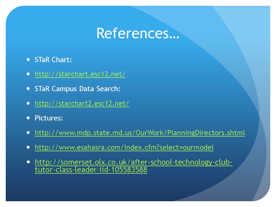 References… STaR Chart:   STaR Campus Data Search:   Pictures:     select=ourmodel   tutor-class-leader-iid tutor-class-leader-iid