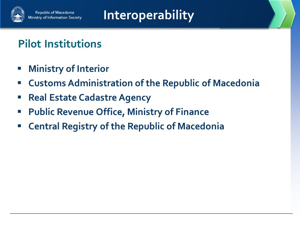 Republic of Macedonia Ministry of Information Society Interoperability Pilot Institutions  Ministry of Interior  Customs Administration of the Republic of Macedonia  Real Estate Cadastre Agency  Public Revenue Office, Ministry of Finance  Central Registry of the Republic of Macedonia