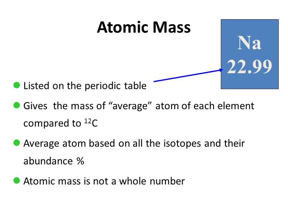 Listed on the periodic table Gives the mass of average atom of each element compared to 12 C Average atom based on all the isotopes and their abundance % Atomic mass is not a whole number Na Atomic Mass