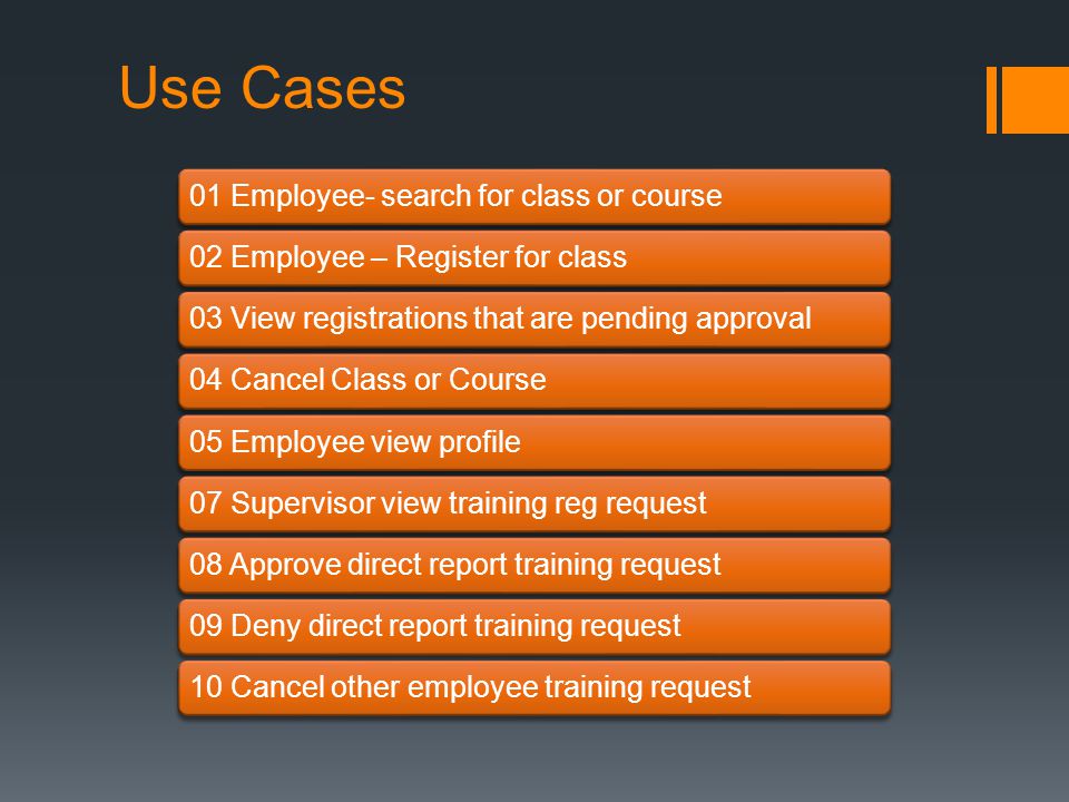 01 Employee- search for class or course02 Employee – Register for class03 View registrations that are pending approval04 Cancel Class or Course05 Employee view profile07 Supervisor view training reg request08 Approve direct report training request09 Deny direct report training request10 Cancel other employee training request Use Cases