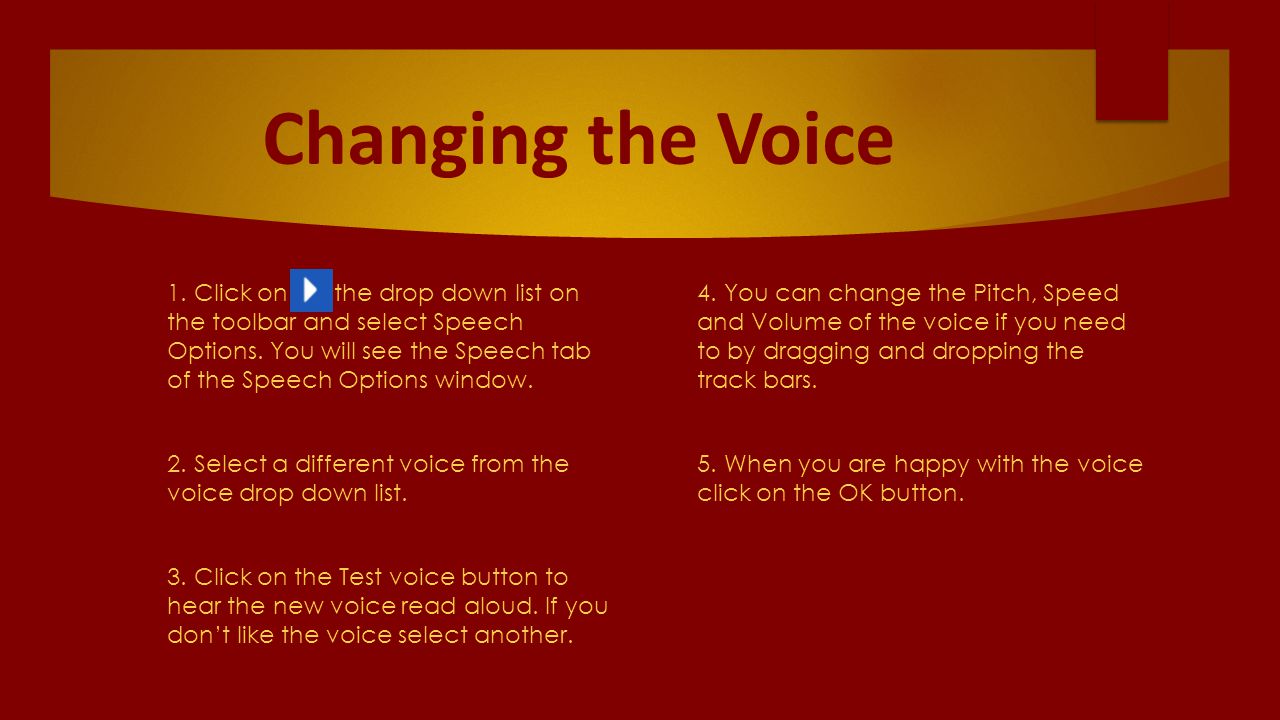 Changing the Voice  1. Click on the drop down list on the toolbar and select Speech Options.