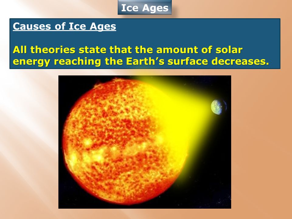 Ice Ages Causes of Ice Ages All theories state that the amount of solar energy reaching the Earth’s surface decreases.