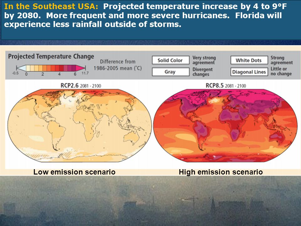 Low emission scenarioHigh emission scenario In the Southeast USA: Projected temperature increase by 4 to 9°F by 2080.
