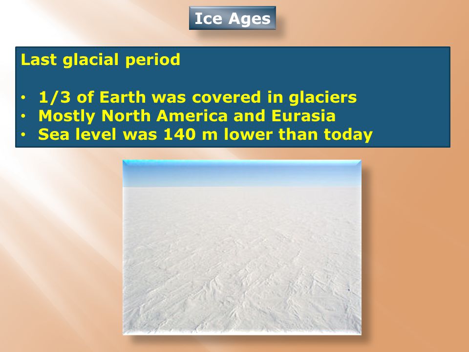 Ice Ages Last glacial period 1/3 of Earth was covered in glaciers Mostly North America and Eurasia Sea level was 140 m lower than today