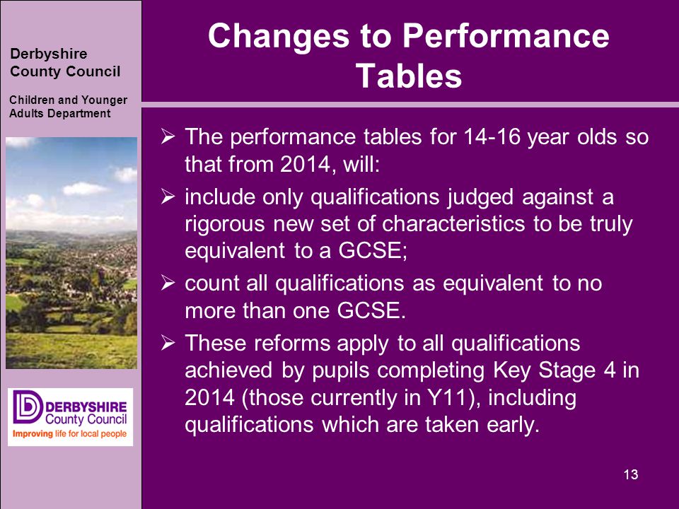 Derbyshire County Council Children and Younger Adults Department Changes to Performance Tables  The performance tables for year olds so that from 2014, will:  include only qualifications judged against a rigorous new set of characteristics to be truly equivalent to a GCSE;  count all qualifications as equivalent to no more than one GCSE.