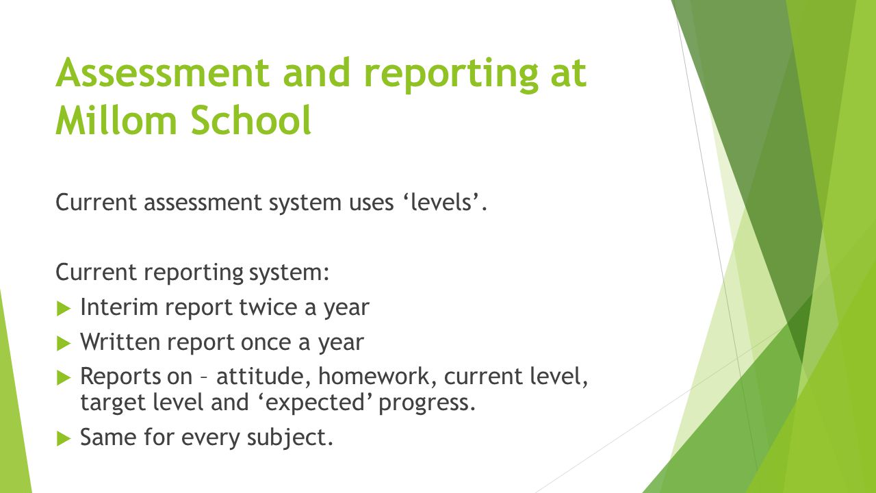 Assessment and reporting at Millom School Current assessment system uses ‘levels’.