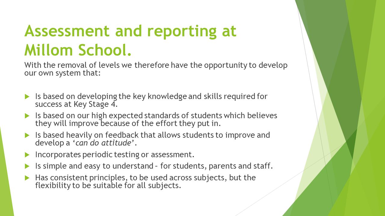 Assessment and reporting at Millom School.